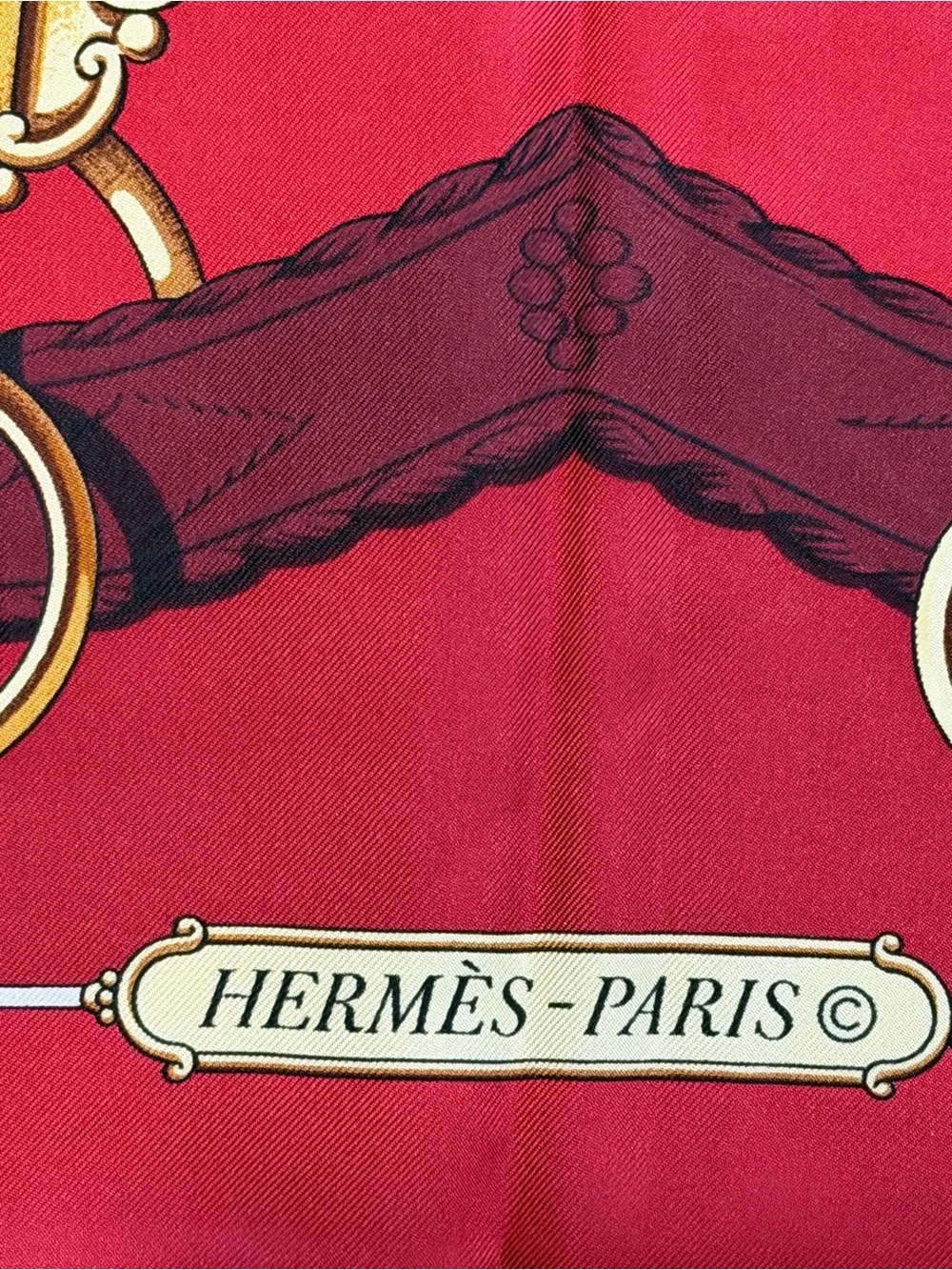 Hermes Red Silk Scarf with Gold Equestrian Hardware Motif